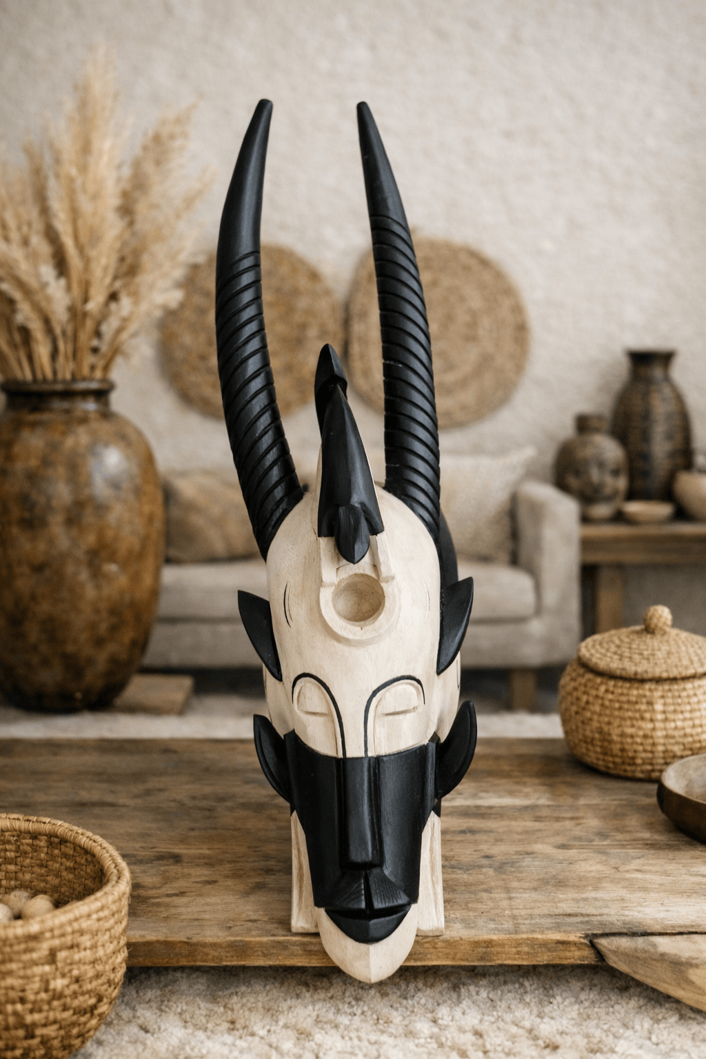 Mama Zuri Style Black white wooden mask décor for a white living room wall