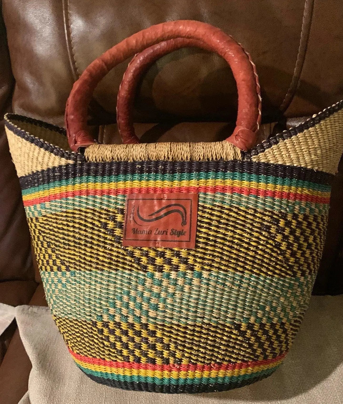 Handwoven organic basket bag for women with leather handles